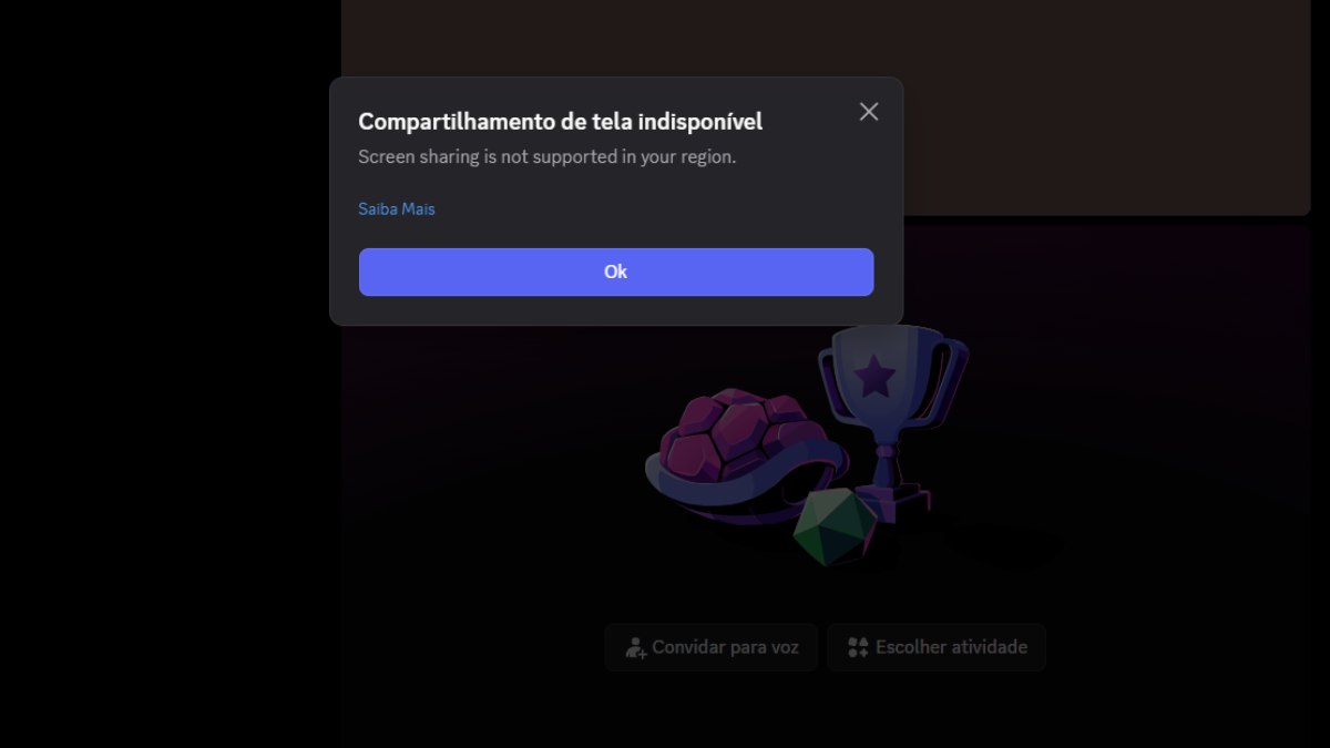 Ao tentar compartilhar a tela, usuários recebem 'compartilhamento de tela não está disponível em sua região' Ao tentar compartilhar a tela, usuários recebem 'compartilhamento de tela não está disponível em sua região'