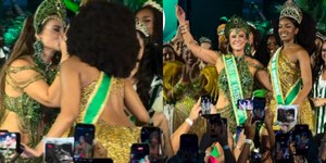 Paolla Oliveira dá selinho em IZA e assume posto na Imperatriz