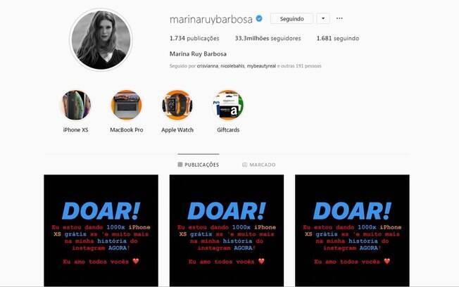 Marina Ruy Barbosa teve o Instagram hackeado. Responsável colocou diversas imagens oferecendo celulares