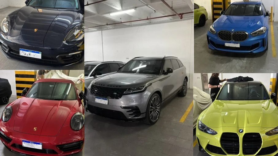 Veículos de luxo apreendidos na investigação sobre fraudes no INSS incluem Porsche, BMW e SUV de alto padrão.