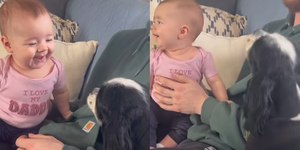 Bebê encanta a web ao se divertir com latido de cão: "Que fofo"