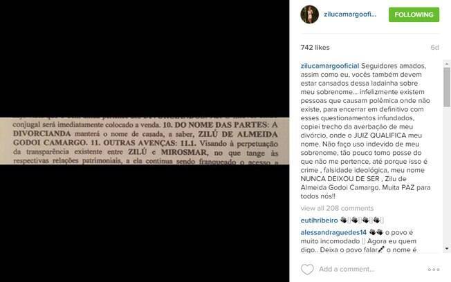 Em post na rede social, Zilu explica o uso do sobrenome Camargo para os seus seguidores no Instagram
