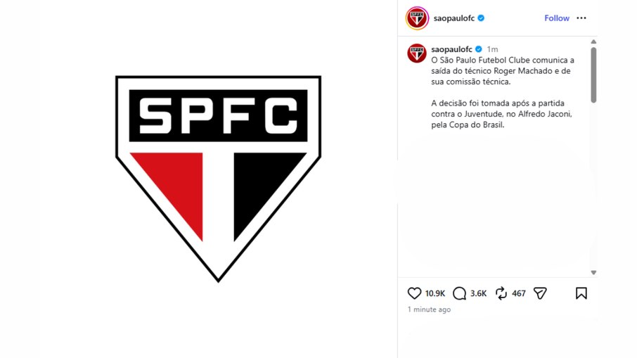 São Paulo comunica a demissão de Roger Machado