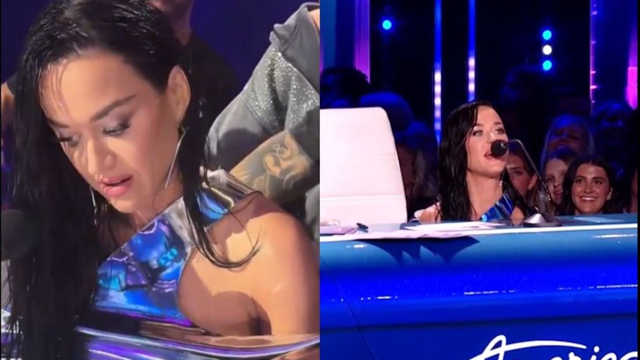Top da cantora Katy Perry quebra durante gravação do 'American Idol', e ela se esconde atrás da bancada