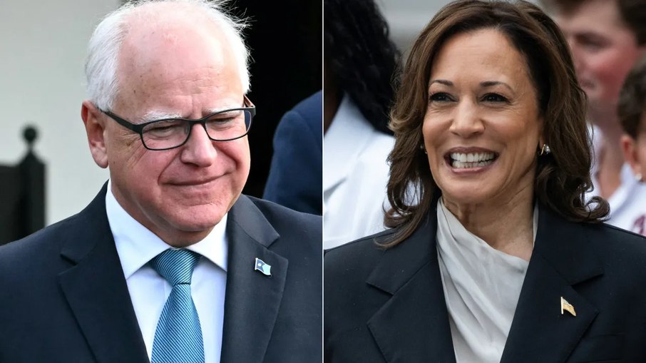 A vice-presidente dos EUA, Kamala Harris (dir.), e o governador de Minnesota, Tim Walz: chapa democrata se forma