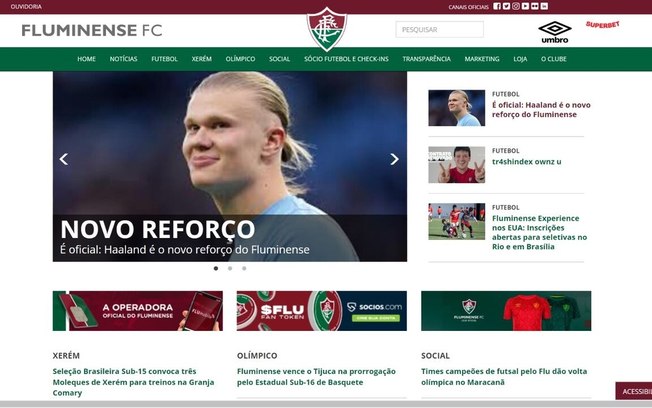 Site do Fluminense com Haaland como 'reforço'
