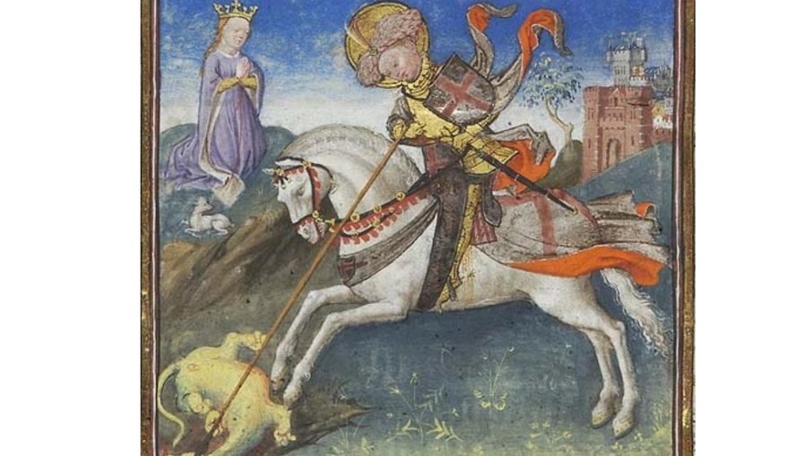 Arte Medieval da tradicional cena medieval de São Jorge matando o dragão, 