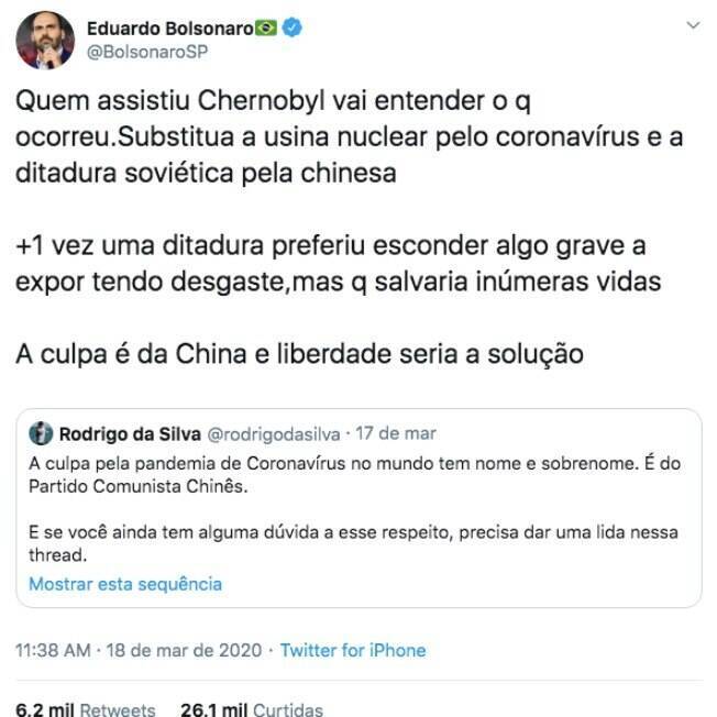 Tuíte de Eduardo Bolsonaro que acusa governo chinês pelo coronavírus