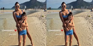 Sheron Menezzes posa de biquíni e combina traje praiano com filho