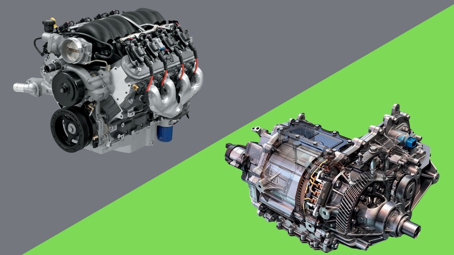 Motor a combustão (esquerda) tem eficiência energética muito inferior à do elétrico (direita) Motor a combustão (esquerda) tem eficiência energética muito inferior à do elétrico (direita)