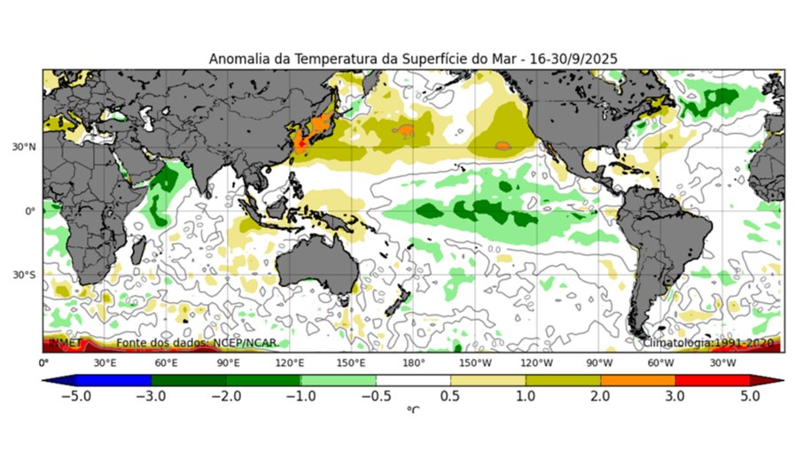 Mapa de anomalias entre 16 a 30 de setembro de 2025, com efeitos caraterístico de La Niña Mapa de anomalias entre 16 a 30 de setembro de 2025, com efeitos caraterístico de La Niña