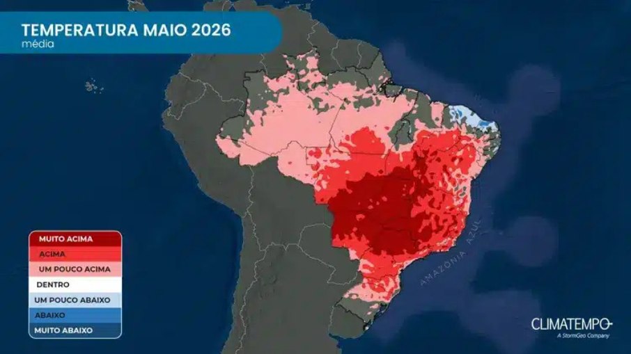 Os tons de azul indicam temperaturas médias abaixo da média climatológica para maio; o cinza indica temperatura dentro/próxima da média e os tons de vermelho representam temperaturas médias acima da média normal para maio