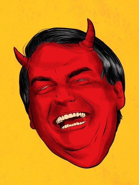 Nesta outra charge%2C Bolsonaro é representado vermelho%2C com chifres saindo da testa e rindo