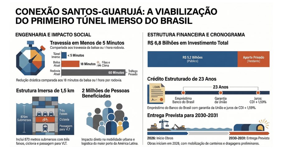 Infográfico sobre o túnel imerso que ligará Santos ao Guarujá, no litoral paulista