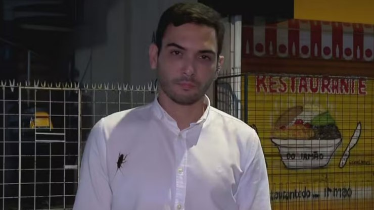 Barata passeia por camisa de repórter da Globo antes do ao vivo