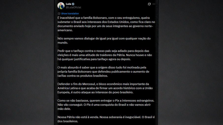 Postagem na rede social do presidente Lula 