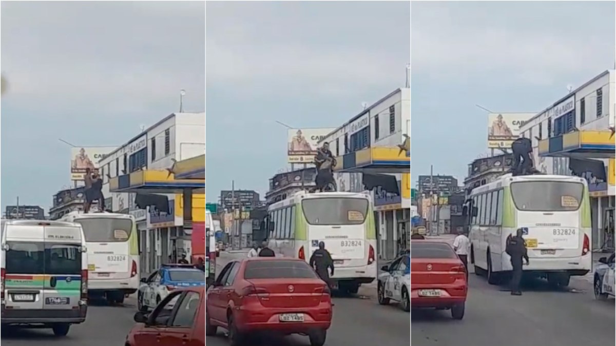 Homem subiu no teto de ônibus no Rio de Janeiro e foi retirado por policial