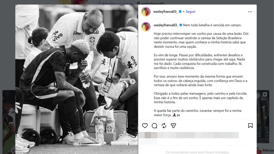 Postagem Wesley após corte Copa do Mundo Postagem Wesley após corte Copa do Mundo