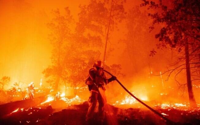 Um bombeiro apaga as chamas em Madera County, Califórnia, em setembro