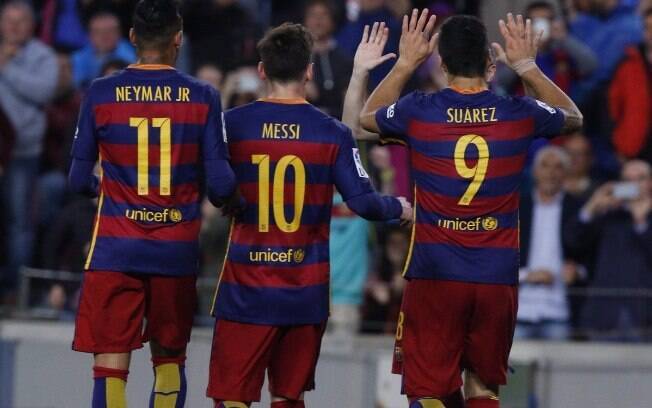 Neymar, Messi e Suárez em partida do Barcelona