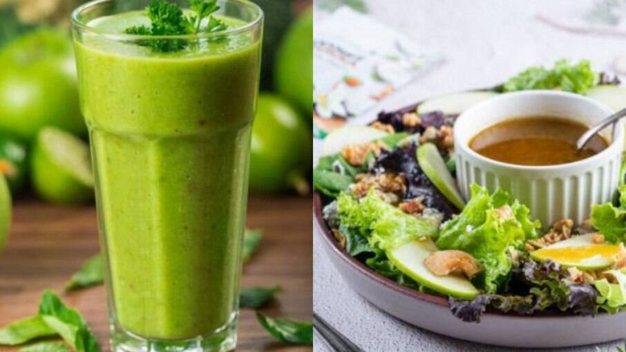 Suco verde detox proteíco e salada agridoce crocante