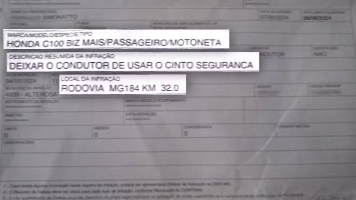 Notificação de multa ao dono da moto