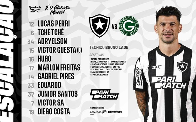 Botafogo escalado para confronto com o Goiás, pela 25ª rodada do Campeonato Brasileiro 