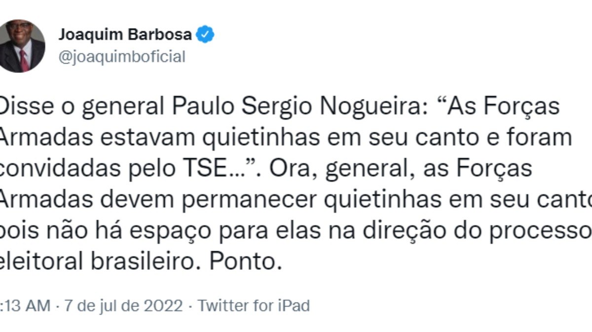 Joaquim Barbosa rebate ministro da Defesa sobre papel das Forças Armadas nas eleições: 'Devem permanecer quietinhas'