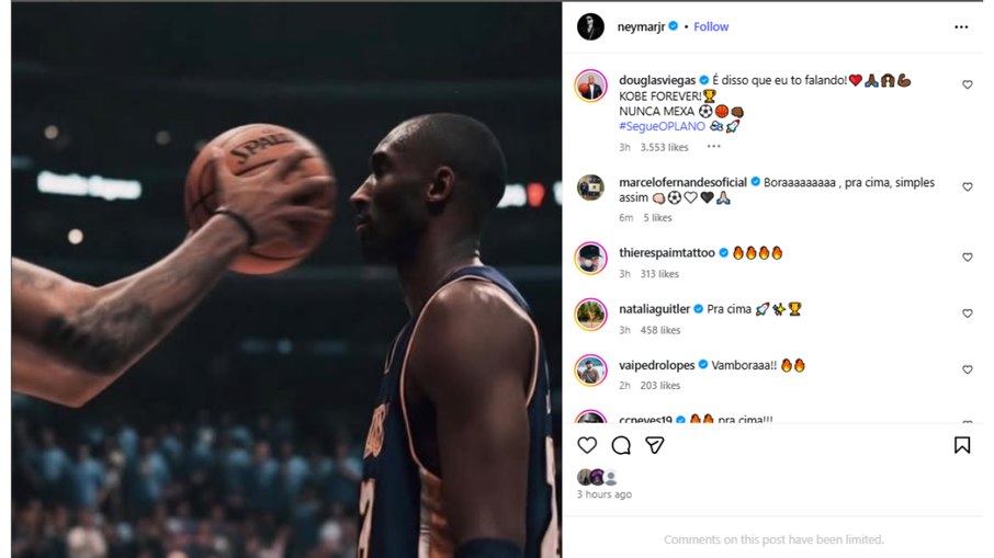 Post enigmático de Neymar com imagem incônica de Kobe Bryant