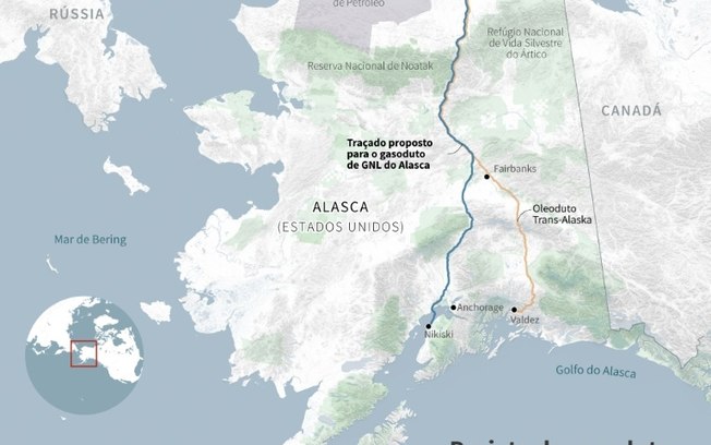 Mapa do Alasca com localização do projeto de Gás Natural Liquefeito (GNL) proposto no Alasca (Estados Unidos), e do oleoduto Trans-Alaska, já existente. Mapa do Alasca com localização do projeto de Gás Natural Liquefeito (GNL) proposto no Alasca (Estados Unidos), e do oleoduto Trans-Alaska, já existente.