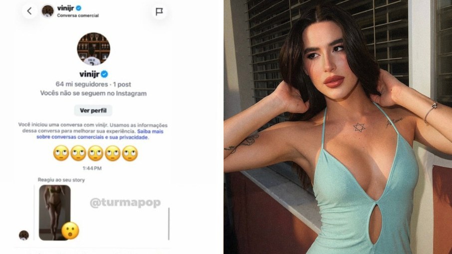 À esquerda, o print da suposta interação entre o jogador e a modelo. À direita, foto da modelo Nina Hoffmann.