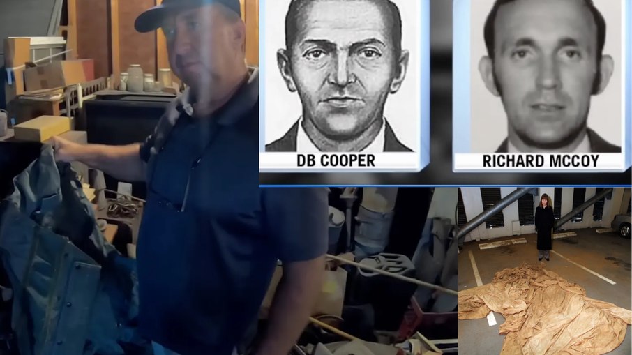 Paraquedas encontrado pelos irmãos e comparação do retrato falado de DB Cooper com o pai deles