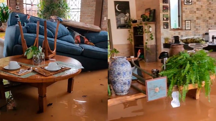 Quase todas as áreas comuns do hotel de Cambury, em São Sebastião, ficaram inundadas