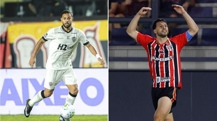 Renan Lodi e Calleri em ação por Atlético-MG e São Paulo, respectivamente Renan Lodi e Calleri em ação por Atlético-MG e São Paulo, respectivamente