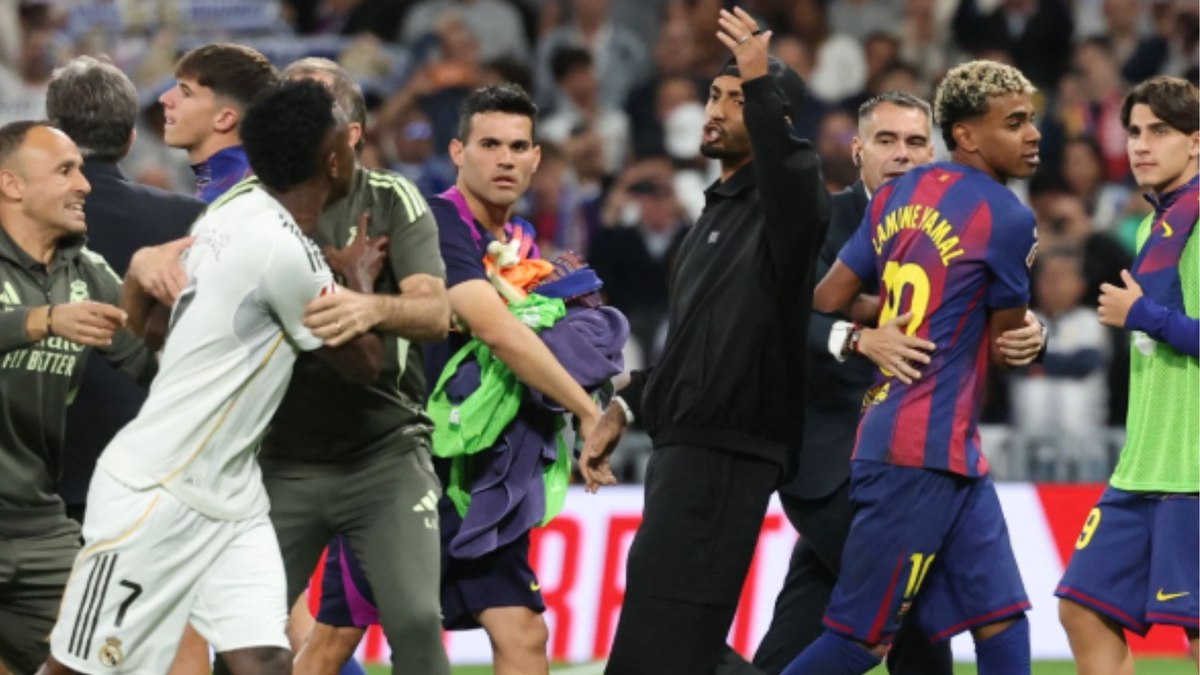 Vini Jr. e Yamal discutiram durante a vitória do Real Madrid sobre o Barcelona