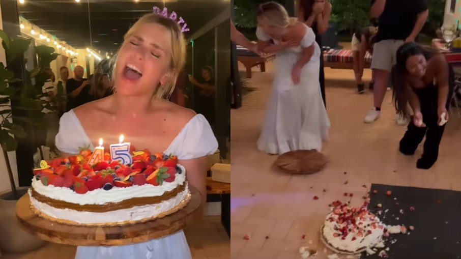 Carolina Dieckmann deixou bolo cair no chão em festa de aniversário