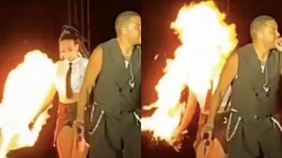 Bailarina da banda Ilegales é atingida por fogo em show no México Bailarina da banda Ilegales é atingida por fogo em show no México