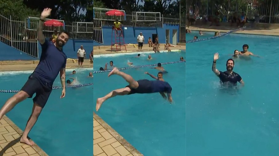 Cauê Fabiano pulou em piscina em cobertura ao vivo na Globo