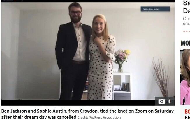 O casal britânico precisou adiar o casamento por conta do coronavírus, mas celebrou a união no Zoom - ferramenta de chamadas de vídeo