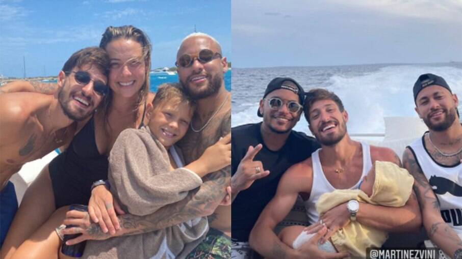 Neymar, Carol Dantas, Vinicius Martinez e Davi Lucca em passeio de lancha