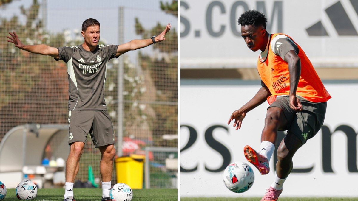 Xavi Alonso e Vini Jr em treino do Real Madrid Xavi Alonso e Vini Jr em treino do Real Madrid