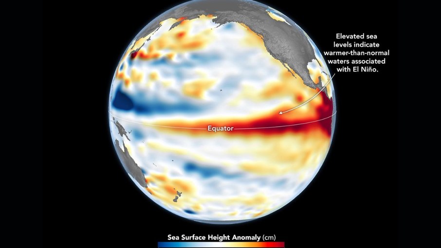 Níveis do mar mais elevados que o normal (em vermelho) são visíveis no Pacífico central e oriental em 8 de junho de 2026, alguns dias antes da declaração do El Niño