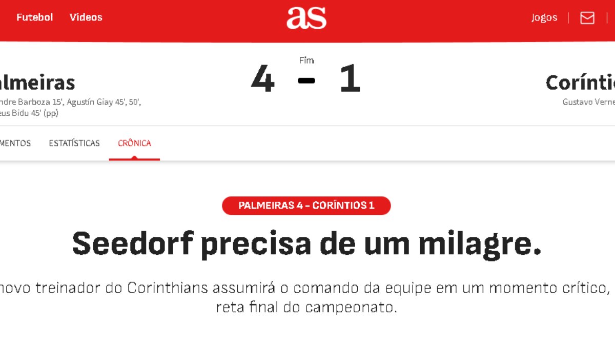 Diário AS revela necessidade de  'milagre' de Seedorf para salvar Corinthians de queda