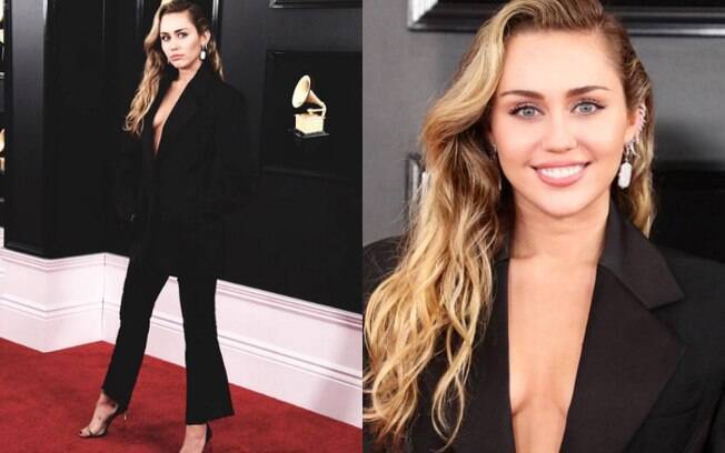 Looks das famosas: Miley Cyrus apostou em um terno 'oversided' Mugler bastante ousado por conta do decote V profundo 