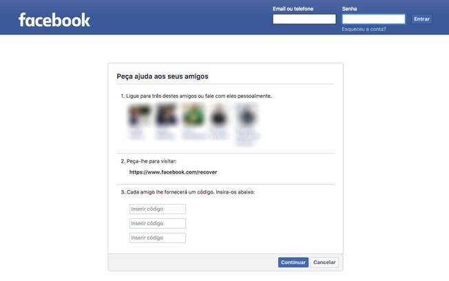 Facebook também permite que você peça ajuda a alguns de seus amigos para recuperar sua conta 
