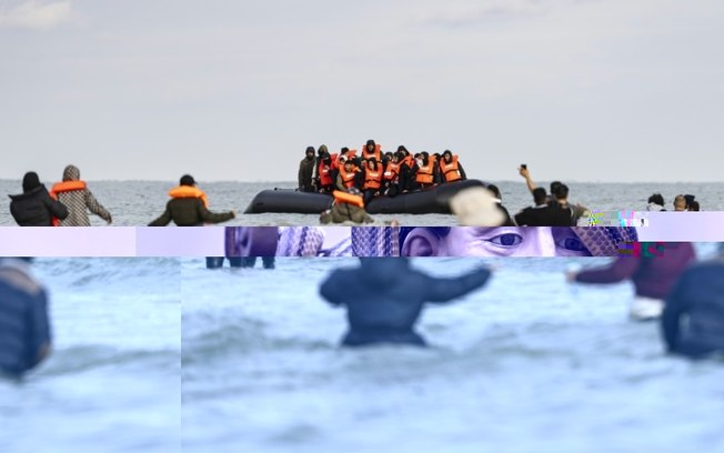 Um grupo de migrantes em torno de um barco de contrabandistas tentando atravessar o Canal da Mancha da costa de Gravelines, na França, para o Reino Unido, em 26 de abril de 2024