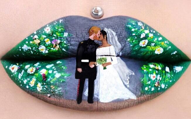A artista Jazmina Daniel se inspirou no casamento real para criar uma pintura nos lábios usando itens de maquiagem