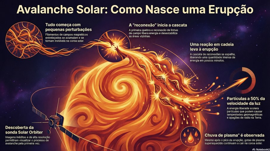 Tudo começa com pequenas instabilidades no campo magnético do Sol, que crescem em cadeia até gerar grandes explosões solares, como revelou a missão Solar Orbiter Tudo começa com pequenas instabilidades no campo magnético do Sol, que crescem em cadeia até gerar grandes explosões solares, como revelou a missão Solar Orbiter