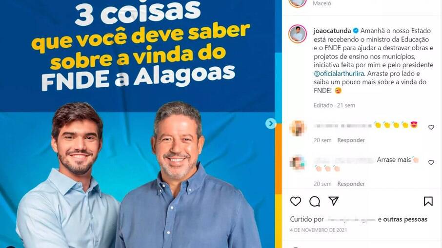 João Catunda divulga liberação de recursos do FNDE para os municípios alagoanos, mas não menciona que a empresa do seu pai recebe recursos do fundo