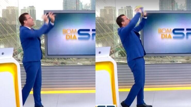 Rodrigo Bocardi joga vôlei ao vivo no "Bom Dia SP", e internet não perdoa